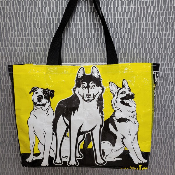 Upcycled shopping tote ~ big dog breed ~ dog lovers gift ~ OOAK ~ strong beach allotment bag ~ husky boxer gsd ~ yellow feed sack recycled