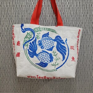 Thai fish upcycled bag ~ recycled ~ large shopping tote ~ animal lovers eco gift ~ ooak ~ beach gym market ~ rice sack ~ goldfish