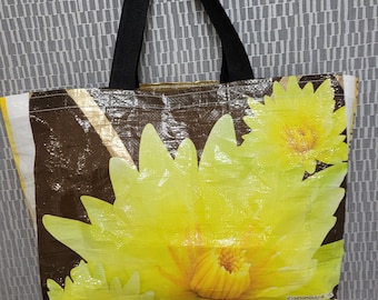 Upcycled chrysanthemum shopping bag ~ strong market shopper ~ recycled thai rice sack ~ flower print ~ gardeners gift ~ yellow flower