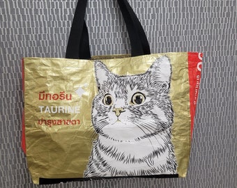 Gold cat upcycled bag ~ thai cat feed sack ~ shopping tote market bag ~ reuse ~ eco gift ~ kitten tabby ~ bag for life