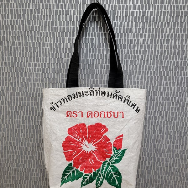 Red flower print upcycled shoulder bag ~ recycled thai rice sack ~ book shopping tote ~ gardeners eco friendly gift ~ hibiscus