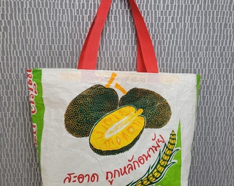 Jackfruit upcycled bag ~ recycled thai rice sack ~ large shopping tote ~ fruit lover ~ bag for life ~ eco gift ~ vegan gift ~ beach market