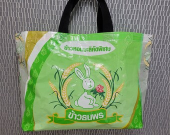 Upcycled rabbit tote ~ Thai rice sack ~ cute bunny ~ large shopping bag ~ book bag ~ animal lover eco friendly gift ~ pet