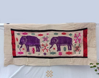 Rare Elephant Vintage Wall Decor | Thai Tribal Textile Wall Art | Hand Embroidered Rustic Decor | Woven Wall Hanging