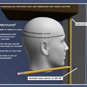 May include: Illustration showing how to measure head size. A 3D model of a head is next to a measuring tape. Text on the image includes instructions and the average head length is 22-24 inches.