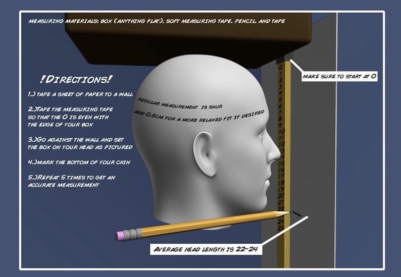 May include: Illustration showing how to measure head size. A 3D model of a head is next to a measuring tape. Text on the image includes instructions and the average head length is 22-24 inches.
