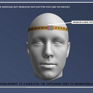 May include: A 3D model head with a measuring tape wrapped around it. The tape, marked in centimeters, is used to measure the head's circumference. Text on the image explains the measurement process, emphasizing it's a baseline for measuring length.