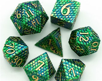 Dragon Golden Green Scales Metal Scaled Style Dnd Dice Set (7) | Dungeons and Dragons (DnD)