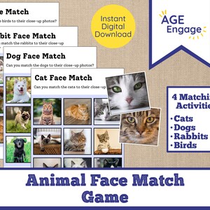 Dementie activiteit digitale download - Animal Faces Matching Game - Honden Katten Konijnen Vogels - Afdrukbare cognitieve stimulatie voor de ziekte van Alzheimer