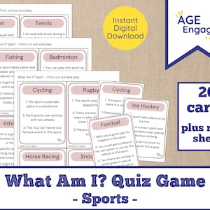 Dementia Activity Digital Download - What Am I Printable Card Game - Sports Theme - Printable Cognitive Stimulation Quiz Activity