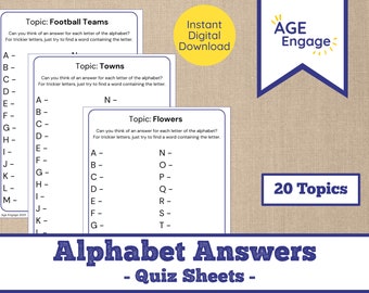 Care Home Activity Digital Download - Alphabet Answers Printable Quiz Sheets - Dementia Game - Printable Cognitive Stimulation Worksheet