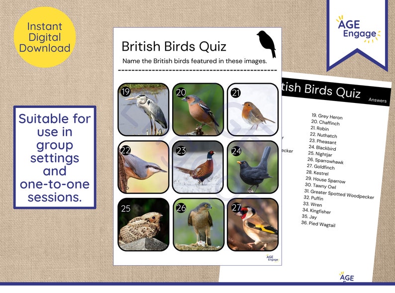 British Birds Picture Quiz - Printable Senior Game - Dementia Activity ...