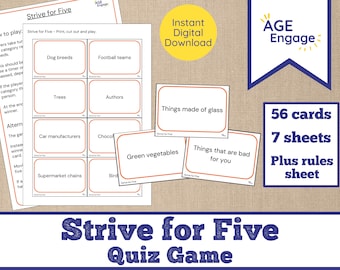 Dementia Activity Digital Download - Strive for Five Printable Card Game - Care Home Quiz - Printable Cognitive Stimulation Activity