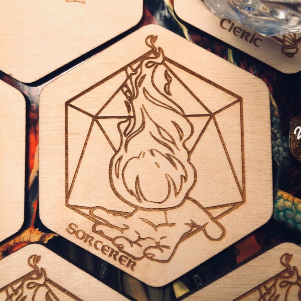 SORCERER - D&D Class Coaster - 3.5" Hexagon  Wood Coaster, DnD, Dungeons and Dragons, Dm, RPG and Fantasy Class, Tabletop Gaming, Gaming