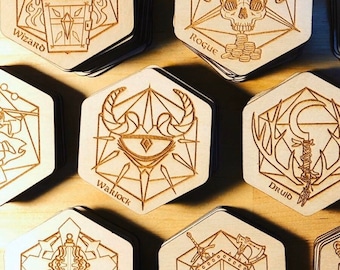 CLASS SET of 12 - D&D Class set Coasters - 3.5" Hexagon Wood Coaster,  DnD, Dungeons and Dragons, RPG and Fantasy Class