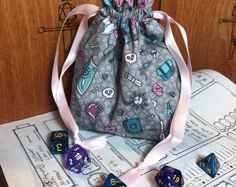 Pink + Blue Weapons Dice Bag - Dungeons and Dragons, D&D, RPG, Pathfinder, Tabletop Gaming, Bag of Holding, Pouch