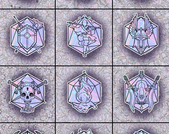 May include: Twelve iridescent holographic stickers featuring different Dungeons and Dragons class symbols. Each symbol is outlined in black and set against a white background. The symbols include a lute, a sword, a shield, a staff, a monk, a helmet with wings, a skull and crossbones, a hand holding a flame, a wolf skull with daggers, a horned demon, a book and a lantern, and a skull with goggles and tools.