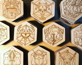 CLASS + DM set of 13 - D&D Class set Coasters - 3.5" Hexagon Wood Coaster,  DnD, Dungeons and Dragons, RPG and Fantasy Class, Dungeon Master