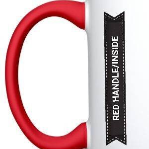 May include: White ceramic mug with a red rim and a red handle. The mug has a black banner with the text "RED HANDLE/INSIDE" printed on it.