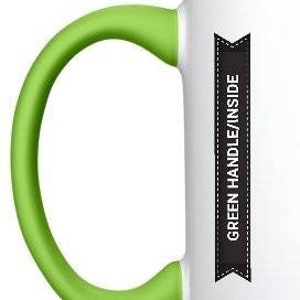 May include: White ceramic mug with a green handle and green rim. The mug has a black banner on the side that says "GREEN HANDLE/INSIDE".