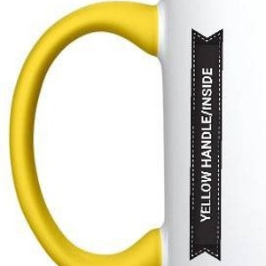 May include: White ceramic mug with a yellow handle and rim. The mug has a black banner with the text "Yellow Handle/Inside" printed on it.