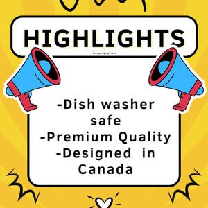 May include: Yellow background with a white box with the word "HIGHLIGHTS" in black text. Two blue megaphones with red handles are on either side of the box. The text inside the box says "Dish washer safe, Premium Quality, Designed in Canada".