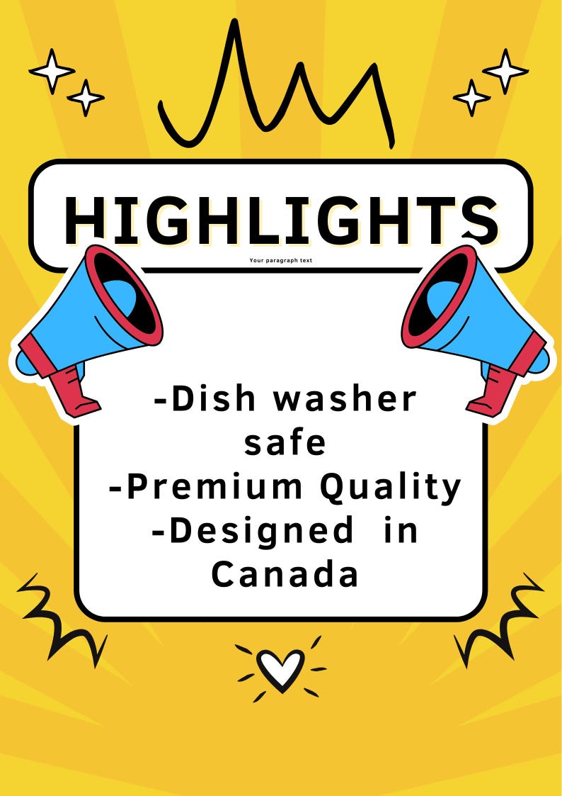 May include: Yellow background with a white box with the word "HIGHLIGHTS" in black text. Two blue megaphones with red handles are on either side of the box. The text inside the box says "Dish washer safe, Premium Quality, Designed in Canada".
