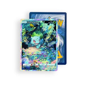 May include: A holographic trading card featuring the character Bulbasaur in a lush, colorful forest setting. The card displays the name Bulbasaur, 70 HP, a grass energy symbol, and the attack Vine Whip with 40 damage. The card back is blue.