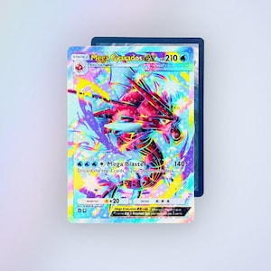 May include: A holographic Mega Gyarados EX trading card featuring a vibrant, multi-colored illustration of a red sea serpent creature. The card displays the text Mega Gyarados EX, HP 210, Mega Blaster 140, and various game statistics in black text.