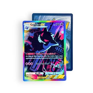 May include: A Gengar ex trading card with a holographic rainbow border. The card features a dark purple Gengar illustration, 170 HP, and the text Ability Shadowy Spellbind and Spooky Shot 100. A second card back is visible behind the front card.