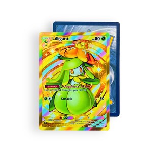 May include: A holographic Lilligant trading card featuring a green plant-like creature with orange flower petals on its head. The card displays 80 HP, the Ability Toughness Aroma, and the attack Smack. The background has a golden radial pattern.