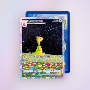 May include: A holographic Ampharos trading card featuring a yellow creature sitting in a colorful flower field under a starry night sky. The card displays the text Ampharos, HP 150, Thunder Punch 80+, and includes a pink and blue patterned border.