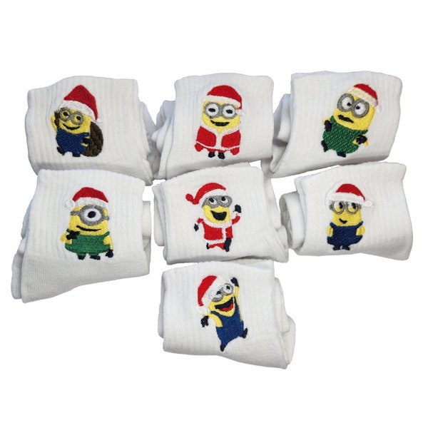 Custom Embroidered Unisex Christmas Minion Sports Ankle Socks (7 pairs)