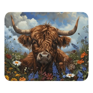 Custom print Mouse Pad | Scottish Cow with Flowers | Rectangular Style Anti-Slip Rubber Mousepad | Rubber Polyester Fabric | 8.66 x 7.08 in