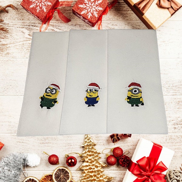 Custom embroidered high quality Linen-feel disposable cloth dinner napkins, or hand towels with Christmas Minions