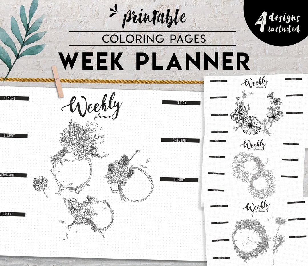 Weekly Planner Agenda Floral Coloring Pages A4 Letter A5 Half ...