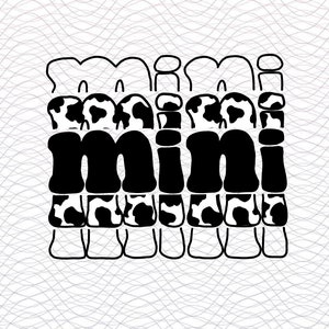 May include: Black and white graphic design of the word "mini" with a cow print pattern.