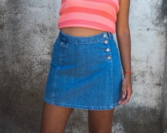 Vintage 90s Blue Denim Skorts or Divider Mini Skirt With Button Detailing | Nostalgic back to school style | (Size - W 28)