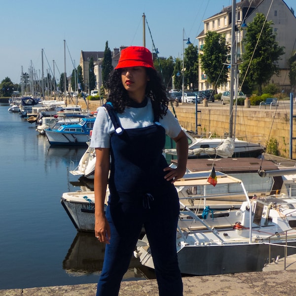 70s-80s Style Vintage Nautical Marine Sailor Style Navy Blue Velvet Jumpsuit/Dungarees (Small - Medium) )