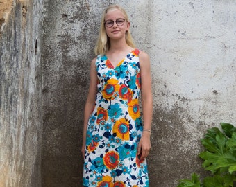 90s Vintage Floral Print Bright Rainbow Aesthetic Blue Orange dress | Floral Aesthetic Summer Day Dress (Size- Small )