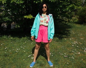 BUY THE LOOK - 90s Rainbow Popsicle |  Mint Green Hoodie Jacket, Pastel Floral Print Top and Bright Hot Pink Bermuda Shorts (Medium-Large)