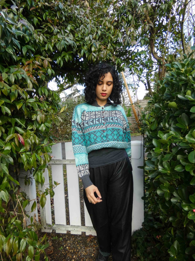 Vintage Teal Geometric Sweater Size M Pure Wool Sweater Vintage Sweater Cosy Women's Sweater // Winter Sweater image 8