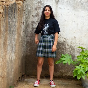 BUY THE LOOK Hello and Meow vintagepleated blue, green &grey plaid skirt with ablack short-sleeved cat print tshirt Small to Medium image 8