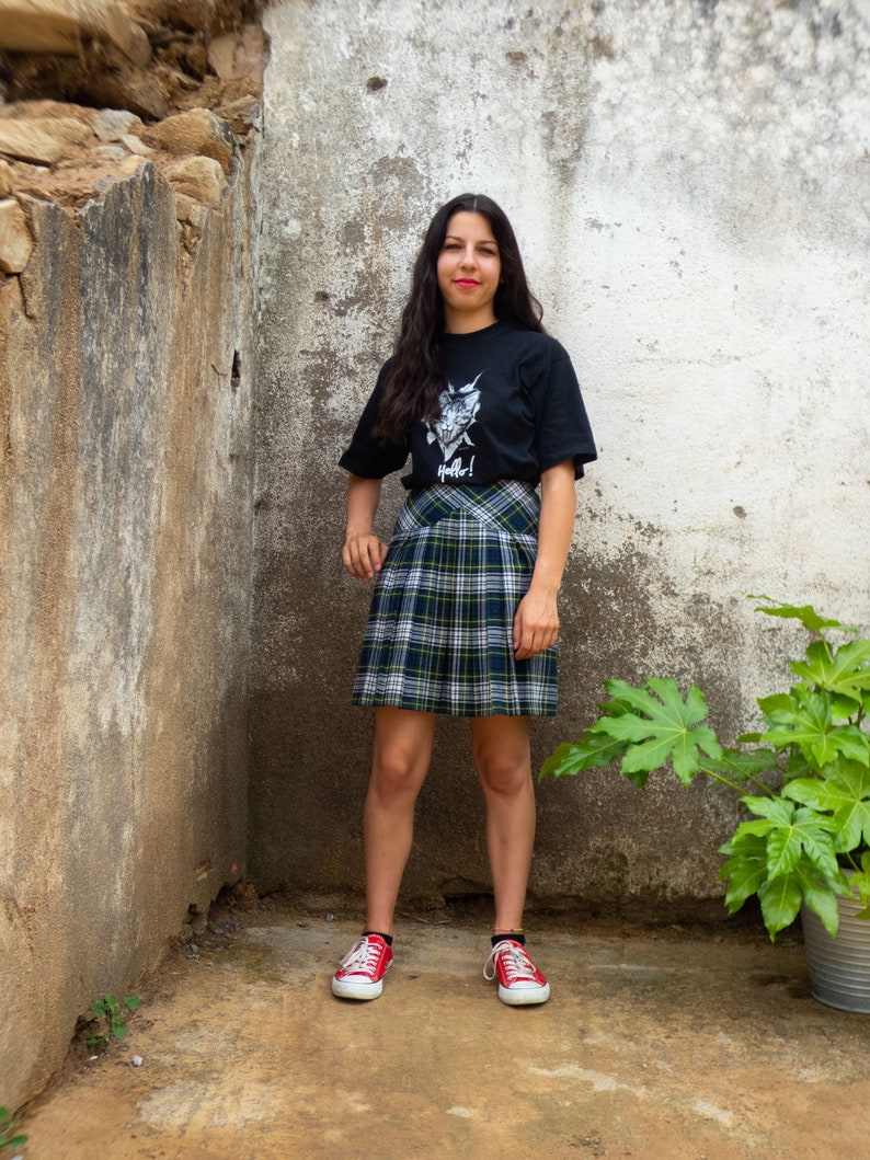 BUY THE LOOK Hello and Meow vintagepleated blue, green &grey plaid skirt with ablack short-sleeved cat print tshirt Small to Medium image 8