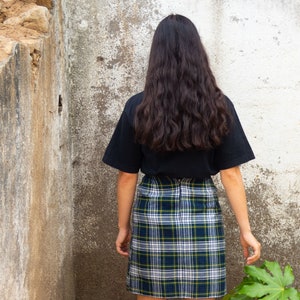 BUY THE LOOK Hello and Meow vintagepleated blue, green &grey plaid skirt with ablack short-sleeved cat print tshirt Small to Medium image 5