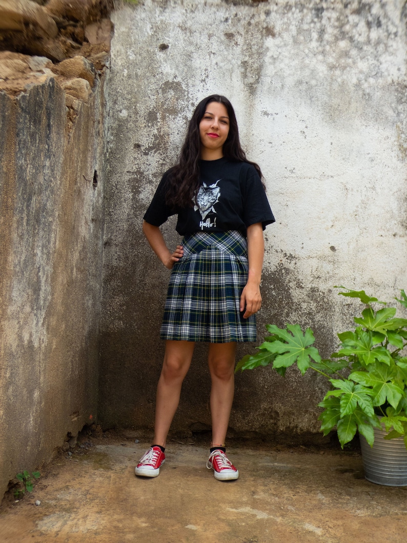 BUY THE LOOK Hello and Meow vintagepleated blue, green &grey plaid skirt with ablack short-sleeved cat print tshirt Small to Medium image 1