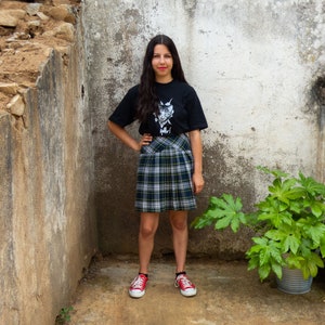 BUY THE LOOK Hello and Meow vintagepleated blue, green &grey plaid skirt with ablack short-sleeved cat print tshirt Small to Medium image 7