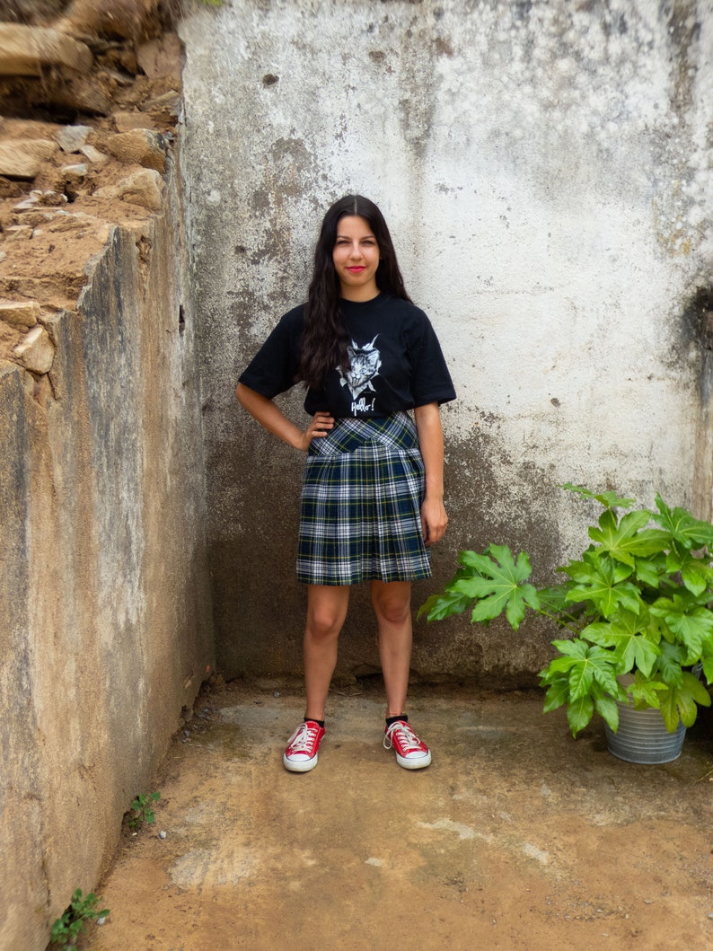 BUY THE LOOK Hello and Meow vintagepleated blue, green &grey plaid skirt with ablack short-sleeved cat print tshirt Small to Medium image 7