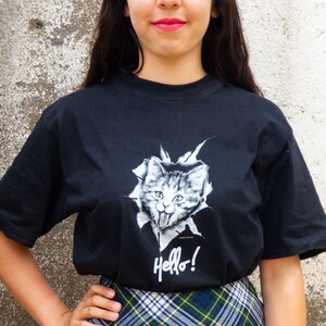 BUY THE LOOK Hello and Meow vintagepleated blue, green &grey plaid skirt with ablack short-sleeved cat print tshirt Small to Medium image 6