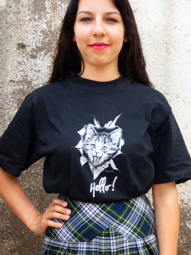 BUY THE LOOK Hello and Meow vintagepleated blue, green &grey plaid skirt with ablack short-sleeved cat print tshirt Small to Medium image 6
